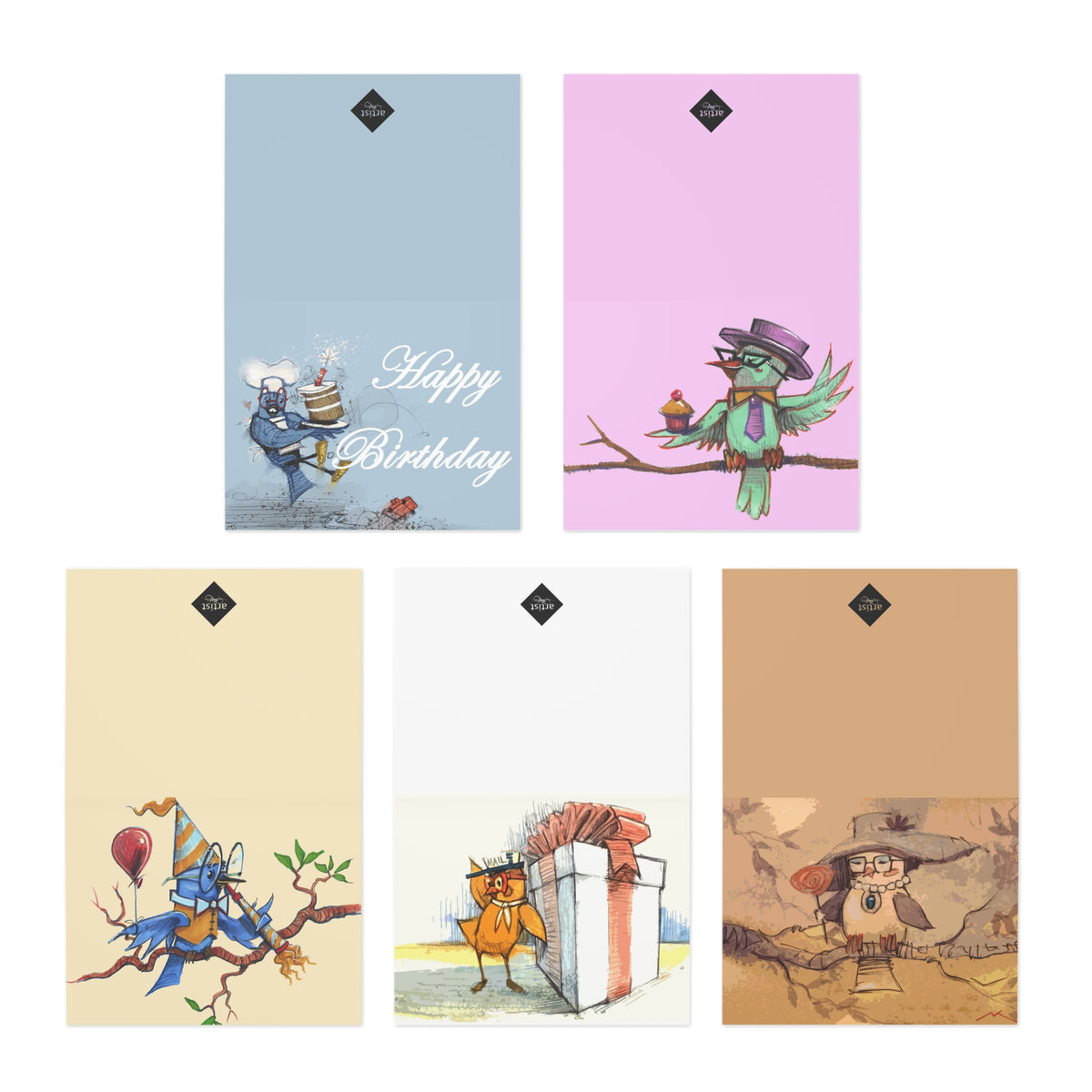 Birthday Bird Greeting Cards — 5-Pack Assorted Illustrated Cards