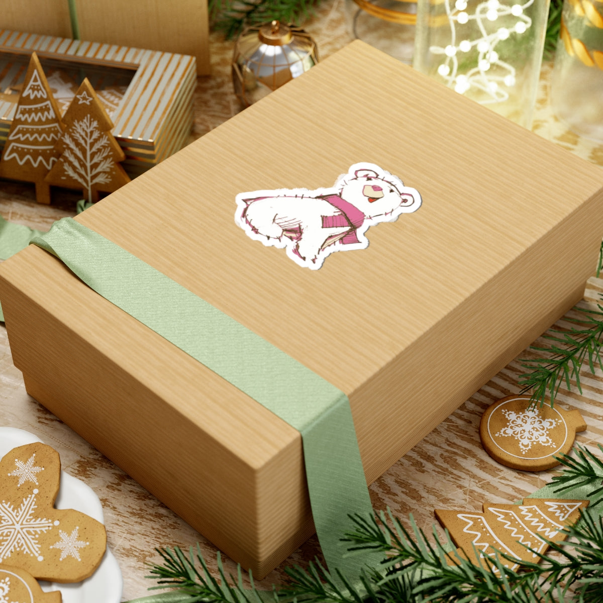 Cute Polar Bear Sticker — Hand-Drawn White Bear with Pink Scarf Kiss-Cut Sticker